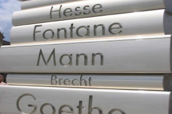 sculpture of books with with german authors' names