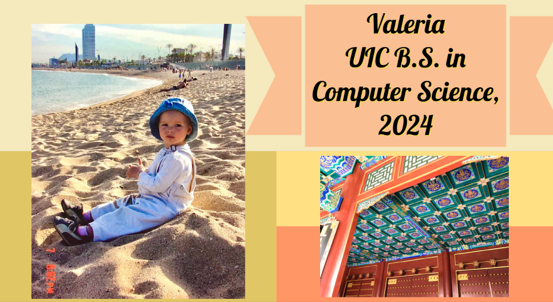 Valeria at the beach in Barcelona and a photo from her trip to China