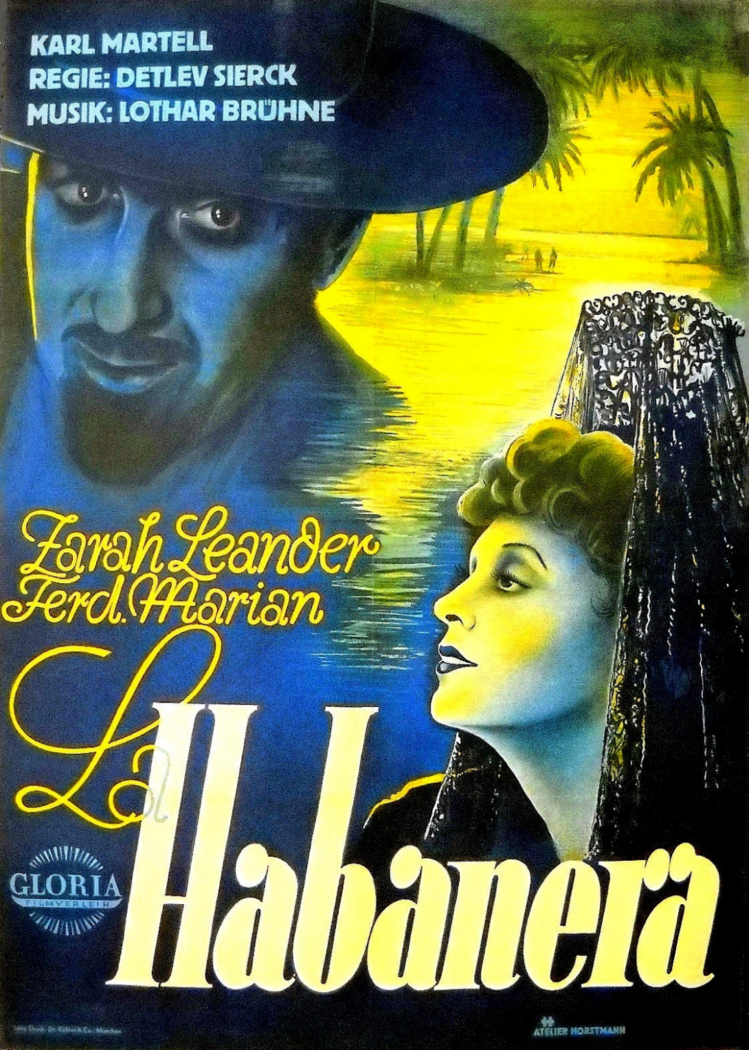 La Habanera film poster with faces of Astree in yellow and Don Pedro da Avila in dark blue imposed on a tropical beach background