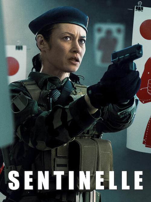 Film poster for Sentinelle: KIara dressed in military gear points a gun