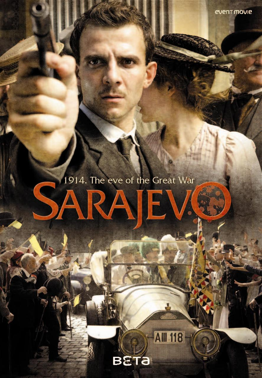 Sarajevo film poster: Leo points a gun and a car drives past a crowded parade route