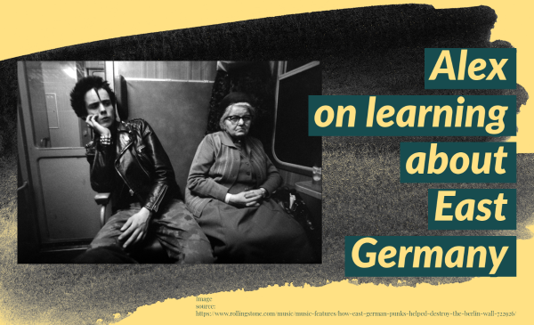 Alex on learning about East Germany; black and white photo of German punk youth sitting next to an older woman on the train