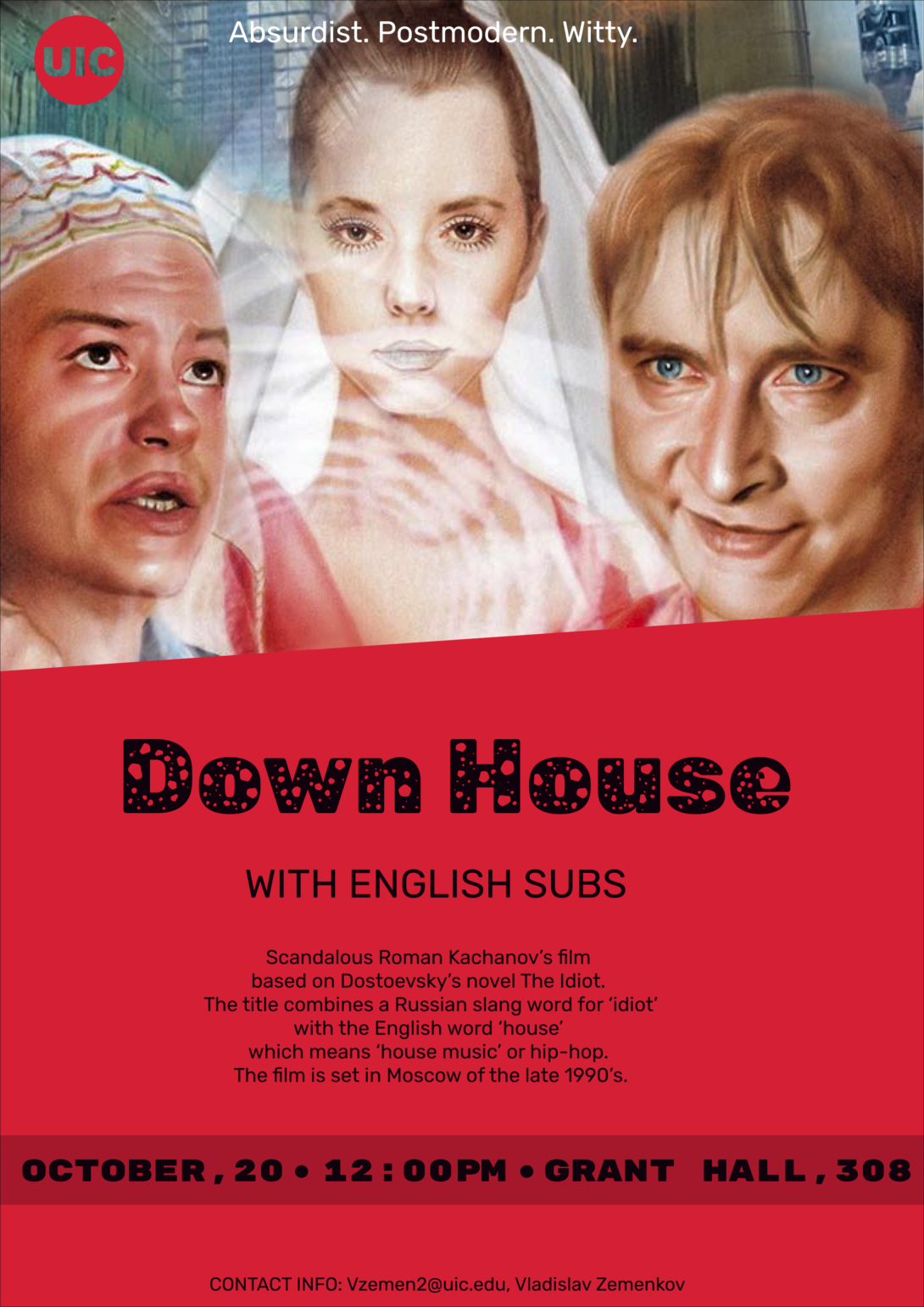 Absurd, Postmodern, Witty. Down House with English subs film poster.