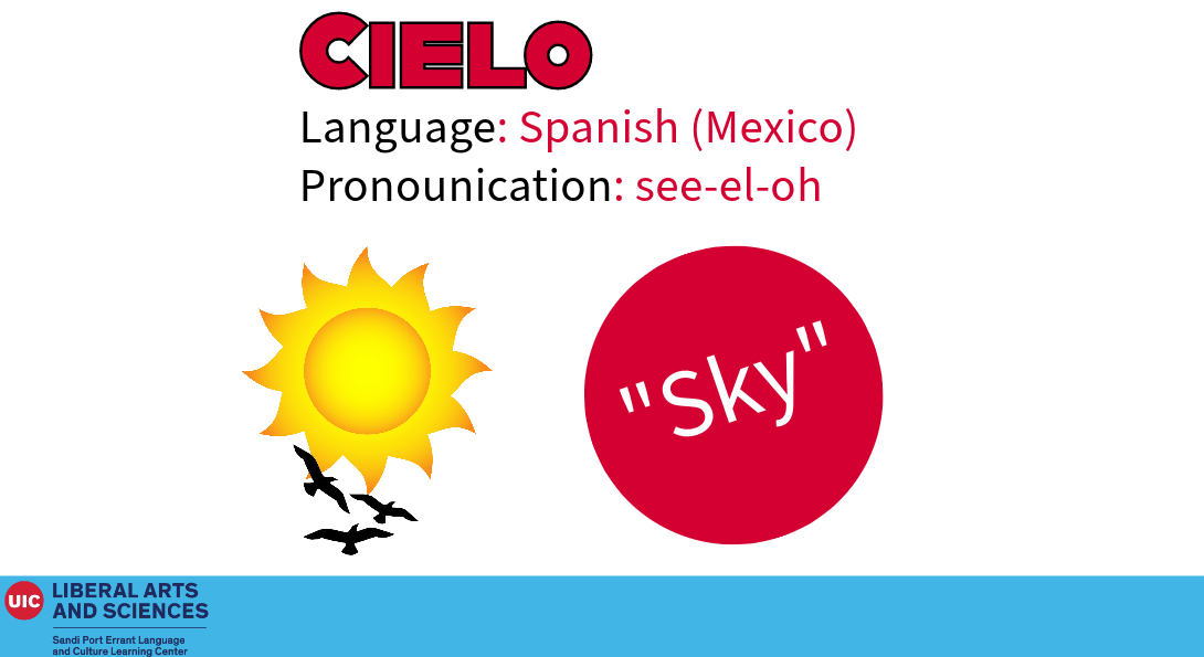 Cielo, from Spanish (Mexico). Meaning sky. A sun is positioned to the left of the English definition, with the silhouette of birds flying underneath