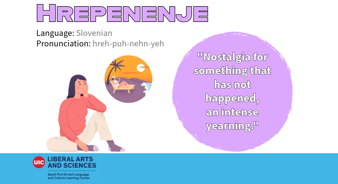Hrepenenje, from Slovenian. Meaning nostalgia for something that has not happened, an intense yearning. Below the text there is a woman daydreaming about relaxing on a beach at sunset.
