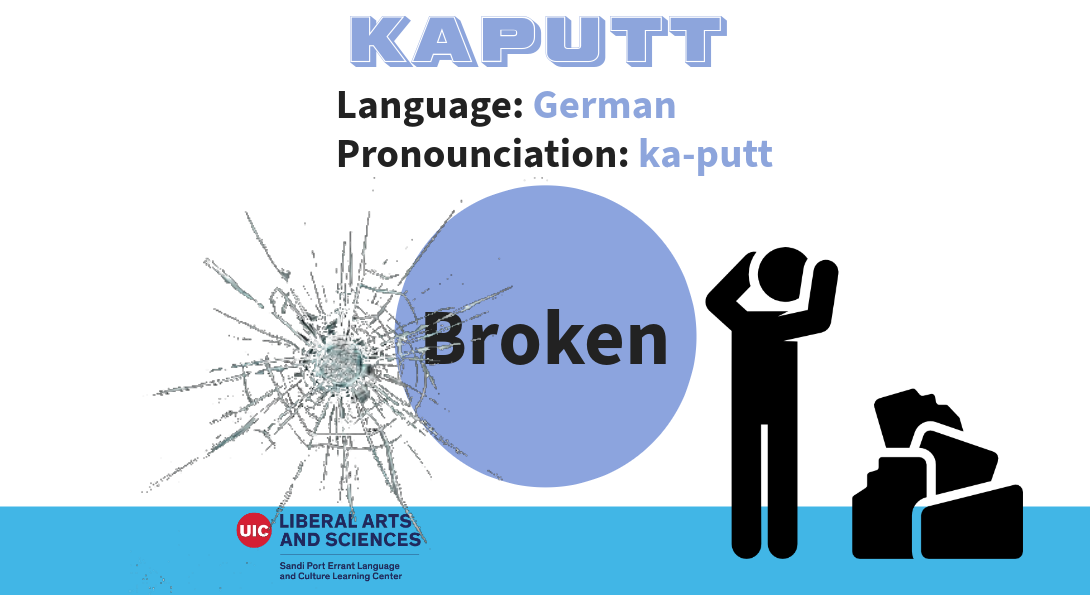 Kaputt, from German. Meaning broken. A cracked glass effect is laid over the English definition and a stick figure stands to the right of it with their hands on their head, looking at broken boxes
