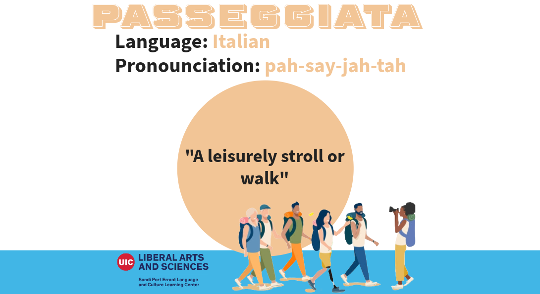 Passeggiata, from Italian. Meaning a leisurely walk or stroll. A group of people is depicted walking underneath the English definition, all smiling