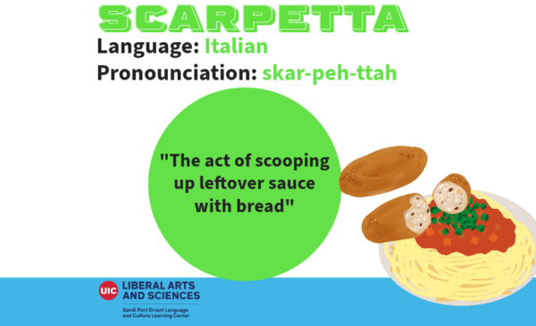 Scarpetta, from Italian. Meaning the act of scooping up leftover sauce with bread. Beside the English definition is a plate of pasta with red sauce and two pieces of bread, one of which is broken in half directly over the pasta sauce