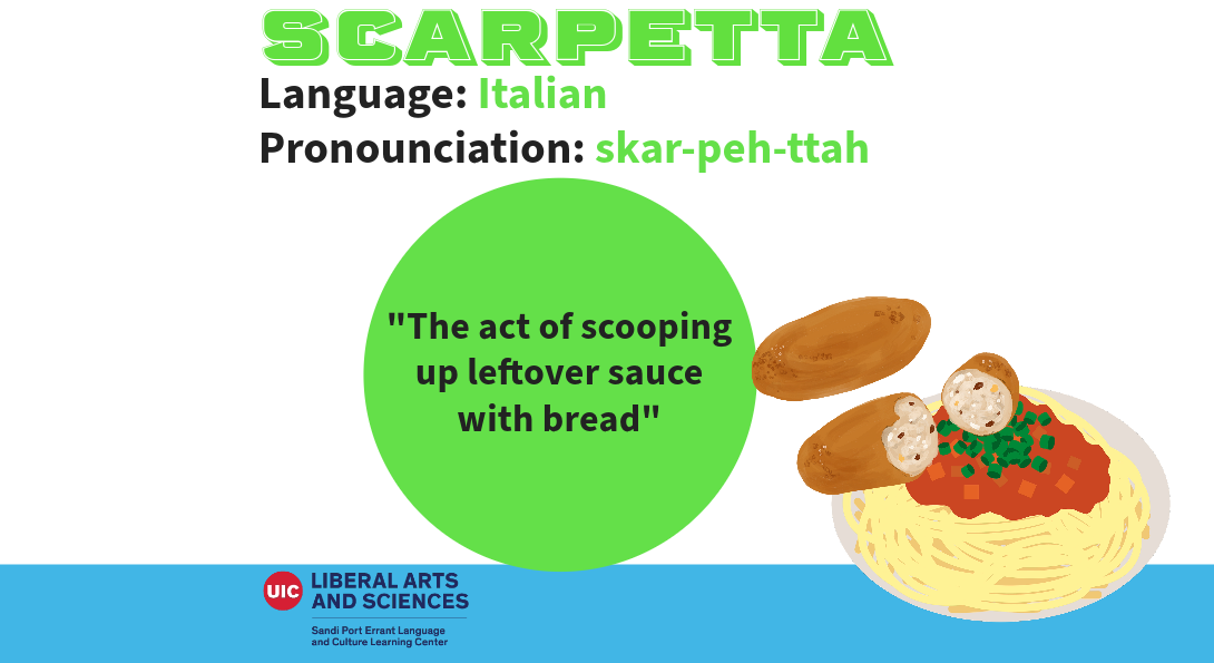 Scarpetta, from Italian. Meaning the act of scooping up leftover sauce with bread. Beside the English definition is a plate of pasta with red sauce and two pieces of bread, one of which is broken in half directly over the pasta sauce