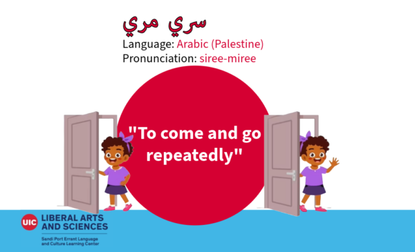 سري مري (siree miree), from Palestinian Arabic. Meaning to come and go repeatedly. A small girl is depicted to the left exiting a door, and then to the right re-entering