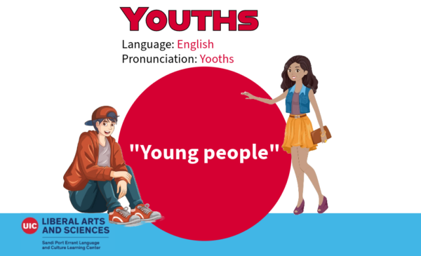 Youths, from US English. Meaning young people. A young man sits to the left of the English definition; a young woman stands to the right