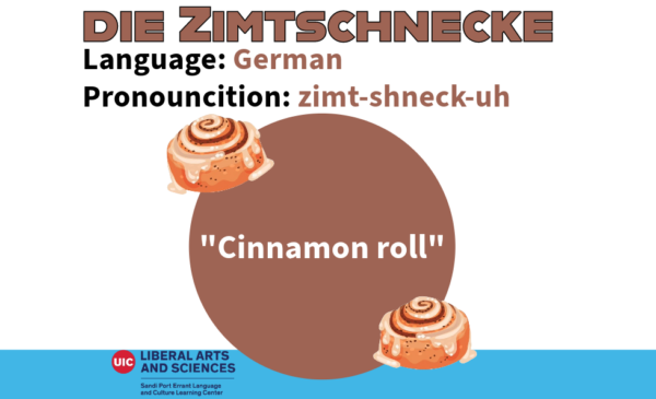 die Zimtschnecke, from German. Meaning cinnamon roll. There are two illustrated cinnamon rolls, one above and one below the English definition