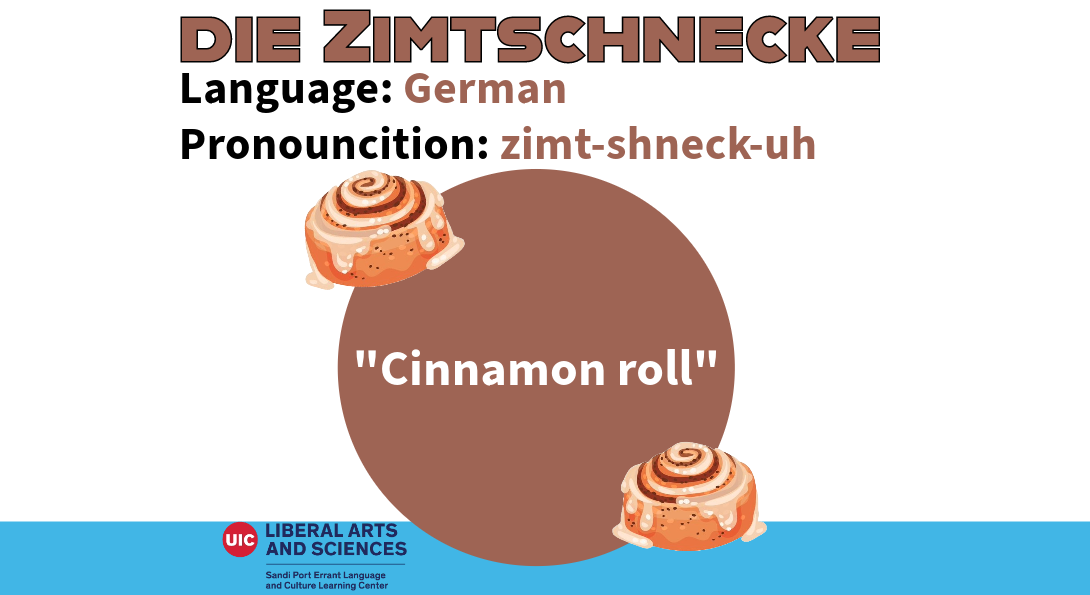 die Zimtschnecke, from German. Meaning cinnamon roll. There are two illustrated cinnamon rolls, one above and one below the English definition