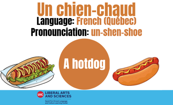 Un chien-chaud from French (Québec) with the translation of the word and two hotdogs which are also represent meaning