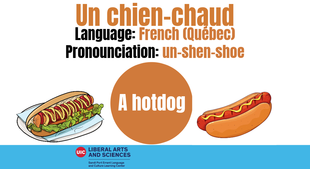 Un chien-chaud from French (Québec) with the translation of the word and two hotdogs which are also represent meaning