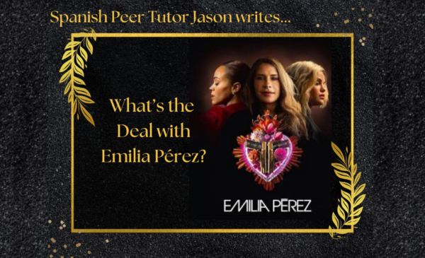 Photo of characters from Emilia Pérez, with text above reading 